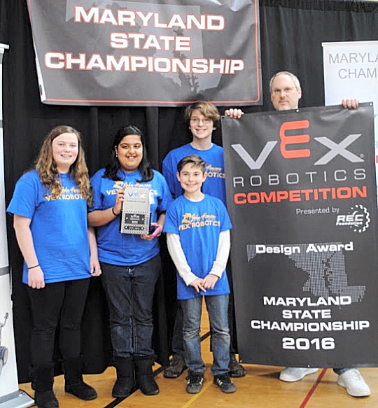 Pictured is the We're Vexy and We Know It VEX Robotics team from John Hanson Middle School, who advances to the 2016 VEX Worlds - VEX Robotics Competition in April after receiving a top award at the state level Feb. 20. From left are Hanson students Alyssa Norris, Yachi Madaan, Jacob Stern, Andrew Parent and Coach Dan Meltsner.