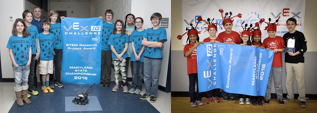 Left: Roboclan, Spring Ridge Middle School (left to right): Ella Bowes, Hampton Watts, Fred Lancaster (Coach), Matt Lancaster, Landon McDowell, Logan Heitmeyer, Caroline Lancaster, Florencia Damron, Morgan Anderson, and Dylan Hoschar. Right: RES Rockets, Ridge Elementary School: (Left to Right) Jasemine Edison, Connor Tomasic, Luis Quinones, Grace Anderson, Destiny Deshields, Gabriel Cannavo, and Coach David Cannavo.