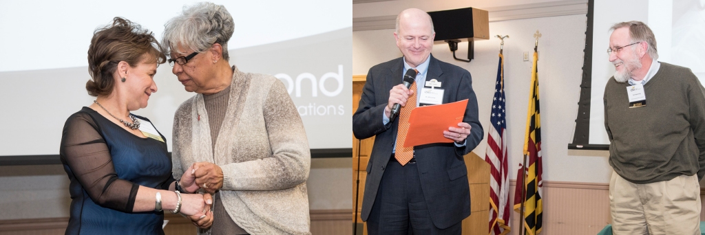 Left: CSM Professor of Sociology Dr. Maria Bryant, left, with 25 years of service at the college is personally congratulated and thanked by CSM Board Chair Dorothea Smith at the college's 30th Service Recognition Ceremony Feb. 26. Right: Student and Instructional Support Services Vice President Dr. Bill Comey, left, shares a story while introducing fellow 30-year employee Library Director Tom Repenning, at the Feb. 26 Service Recognition Ceremony.