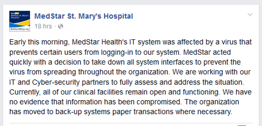 MedStar St. Mary's Facebook Post