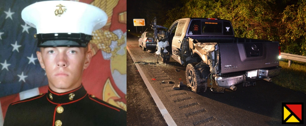 Left: US Marine Corporal killed by a hit and run driver in Frederick Co. on 9/29/15. Right: Cpl. Ferrell's vehicle after it was struck by the hit and run driver on Rt.15.