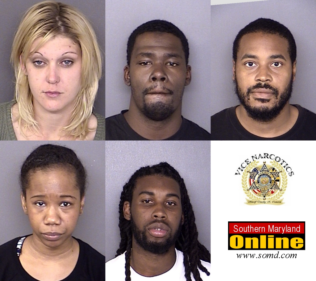 Top row: Heather Christine Hayes, 28, of Mechanicsville; Torrance Lamar Kelly, 26, of Windsor Mill; Brian Oneil Hicks, 33, of Newburg. Bottom row: Ebony Sherrell Tana Everette, 29, of Lexington Park; Gregory Trmyne Shingles, a/k/a "69," 30, of Mechanicsville. (Booking photos)