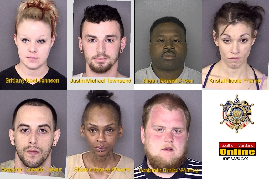 Top row, left to right: Brittany Noel Johnson, age 24, of Lusby; Justin Michael Townsend, age 21, of Hollywood; Shaun Darnell Dyson, age 35, of Lexington Park; Kristal Nicole Phares, age 28, of Lexington Park. Bottom row: Benjamin Joseph Culvert, age 26, of Leonardtown; Shuree Sinese Weems, age 35, of no fixed address; Benjamin Daniel Warring, age 22, of Mechanicsville.