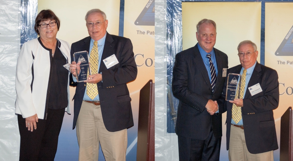 Left: Dorothy Hammond, HTii, accepts TPP's Small Business Member of the Year Award presented by Gene Townsend. Right: Scott Stewart, NGC, accepts TPP's Large Business Member of the Year Award presented by Gene Townsend.