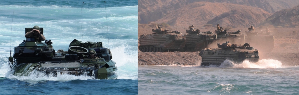 Left: ATLANTIC OCEAN -- An amphibious assault vehicle approaches the amphibious dock landing ship USS Carter Hall (LSD 50). Carter Hall is part of the Kearsarge Amphibious Ready Group participating in a Composite Unit Training Exercise off the East Coast of the United States. (Photo by: Petty Officer 3rd Class Kristin L. Grover) Right: DJIBOUTI -- Marines assigned to 26th Marine Expeditionary Unit embarked aboard the amphibious dock landing ship USS Carter Hall, depart Djibouti in an amphibious assault vehicle after conducting amphibious training exercises.  (U.S. Navy photo by Petty Officer 3rd Class Kristin L. Grover)