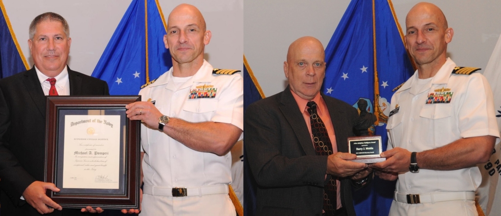 Left: Naval Surface Warfare Center Dahlgren Division (NSWCDD) Commanding Officer Capt. Brian Durant presents Michael Pompeii with the Navy Superior Civilian Service Award at the NSWCDD Annual Honor Awards ceremony on May 18. Pompeii was honored for his numerous substantial contributions to Naval Sea Systems Command as Chief Engineer for the NSWCDD Chemical, Biological, and Radiological (CBR) Defense Division. Right: Capt. Brian Durant presents Barry Mohle with the John Adolphus Dahlgren Award for sustained leadership and technical excellence across the test and evaluation community at the NSWCDD Annual Honor Awards ceremony on May 18.