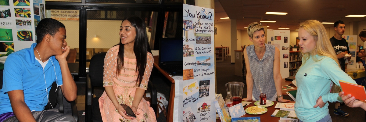 Left photo: Chad Nusang, a freshman, left, a native of Jamaica chats with sophomore Maria Munir during the International Fair. Munir's family is from Pakistan. Right photo: Maurice J. McDonough High School's ESOL teacher Satu Muja, left, talks to sophomore Savanah Payton about Finland, Muja's native country. McDonough's International Club held a festival to showcase the countries where students at the school come from.