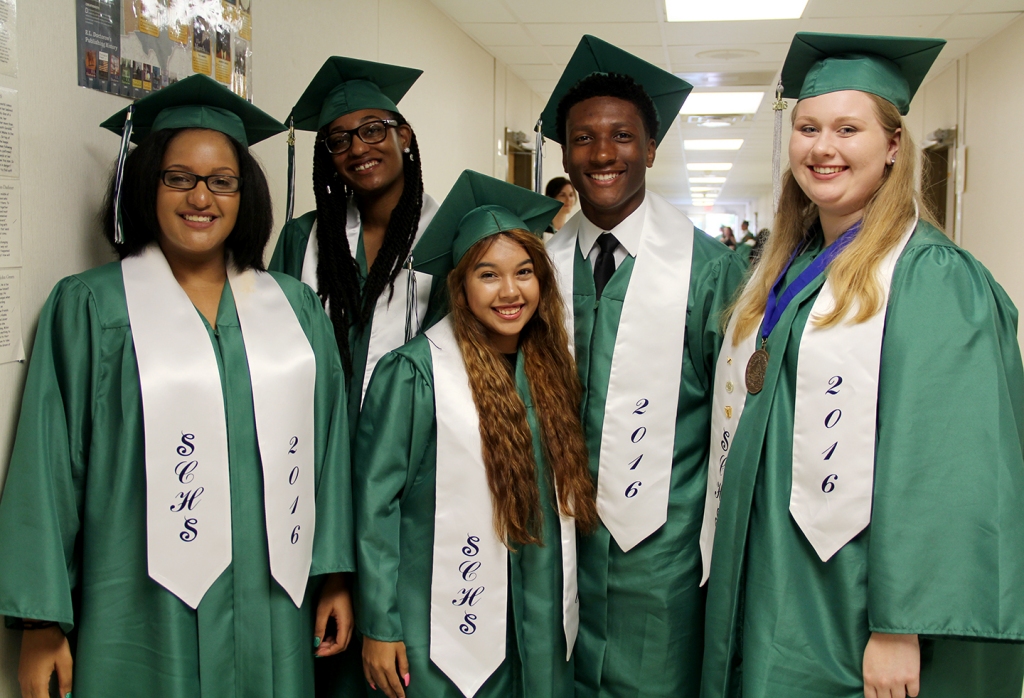 Graduation ceremonies for the county's seven public high schools were held June 2-4 at the Charles County Public Schools Convocation Center. St. Charles High School staff and Board of Education members on June 4 handed out 292 diplomas to the first graduating class from the school, which earned more than $10 million in scholarship offers. Pictured are members of the St. Charles High School Class of 2016, from left, Ni'Ja Wilson, Jhana Williams, Nina Wyatt, Brandon Thomas and Nicole Yeager.