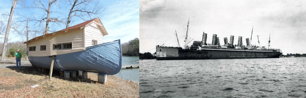 Left Photo: The Ark of Hungerford Creek. Right Photo: A portion of the Ghost Fleet anchored in the Patuxent River. Visible on the deck of the Mount Vernon are the ship's lifeboats.