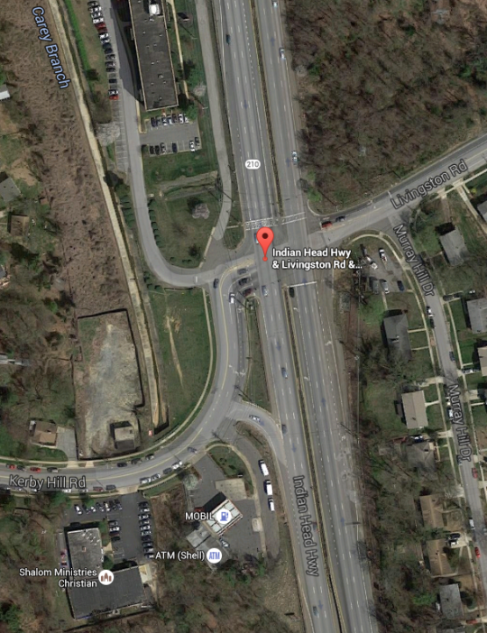 Work is underway on the $115.4 million project to build a new interchange to replace the current signalized intersection along MD 210 (Indian Head Highway) at Kerby Hill and Livingston roads. Work includes constructing an overpass to carry Kerby Hill Road and Livingston Road traffic over MD 210 to improve traffic flow along this busy corridor in Prince George's County. (Google Maps)