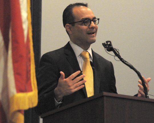 DAHLGREN, Va. - Matthew Swartz - U.S. Fleet Cyber Command Executive Director and Command Information Officer - talks to the audience at Naval Support Facility Dahlgren about the 2016 Asian American and Pacific Islander (AAPI) Heritage Month's national theme: "Walk Together, Embrace Differences, Build Legacies." Swartz weaved personal stories about growing up at the Dahlgren naval base into his keynote speech. ""In those journeys I used to take with her, I learned from her differences to the point where I finally got comfortable with our differences and started to embrace them," said Swartz about long walks he would have with his mother and his differences as an American with Japanese ethnicity. "I no longer tried to hide them, which was interesting." (U.S. Navy photo by Patrick Dunn/Released)