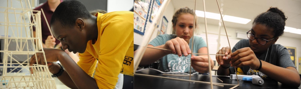 Middle school students build a balsa wood tower they designed at the 2016 Naval Surface Warfare Center Dahlgren Division (NSWCDD)-sponsored Navy science, technology, engineering, and mathematics (STEM) Summer Academy, held June 27 to July 1. They were among 96 middle school students who developed their teamwork and problem-solving skills in math and science while partnering with a teacher and an NSWCDD scientist or engineer. (U.S. Navy photo by Patrick Dunn/Released)