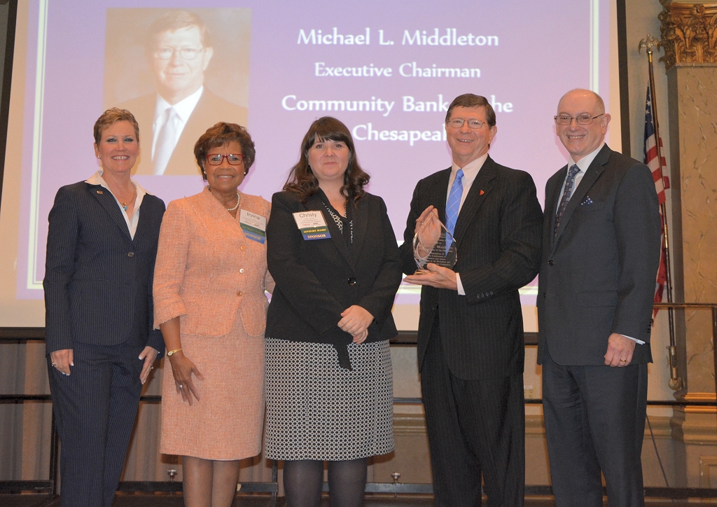 From left to right. Kathleen Murphy, President and Chief Executive Officer of Maryland Bankers Association, Irvina Mallory of the Harbor Bank of Maryland, served as Chair of the Council's Advisory Board, Christy Lombardi, Executive Vice President & Chief Administrative Officer of Community Bank of the Chesapeake, Michael Middleton, Chairman of the Board of Community Bank of the Chesapeake and The Community Financial Corporation, Bob DeAlmeida, President and Chief Executive of Hamilton Bank and former Maryland Bankers Association Chairman.