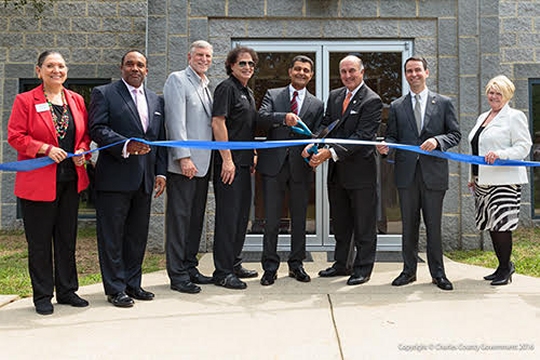 Photo (left to right): Marcia Keeth, Department of Economic Development; Darrell Brown, Department of Economic Development; Commissioner President Peter F. Murphy, Charles County Government; Commissioner Ken Robinson (District 1), Charles County Government; Hadi Boustani, CHUTES International; Secretary Michael Gill, Maryland Department of Commerce; Roy McGrath, Governor's Office; and Billie Stachura, Charles County Chamber of Commerce.