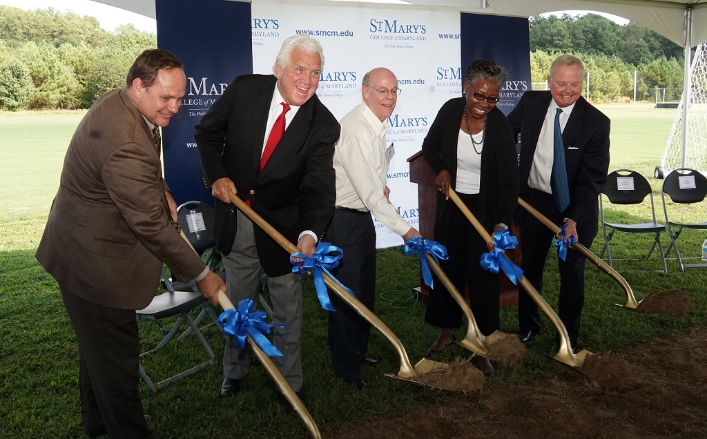 Breaking ground on the new Jamie L. Roberts Stadium at St. Mary's College of Maryland: (L-R) Senator Steve Waugh; Senate President Mike Miller; Bob Roberts; Dr. Tuajuanda C. Jordan, president of St. Mary's College of Maryland; Chairman of the Board of Trustees Sven Holms. (Photo courtesy SMCM)