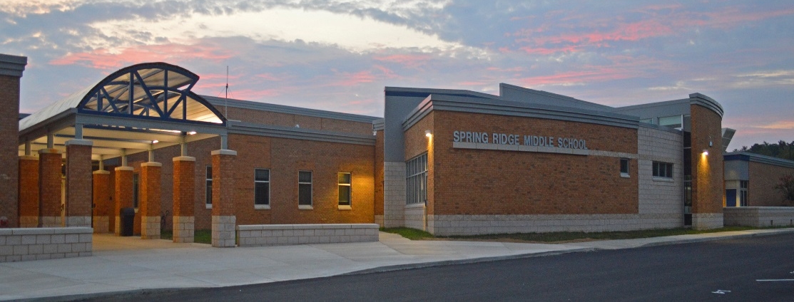 This photo of the front of Spring Ridge Middle School shows the newly renovated entrance canopy.
