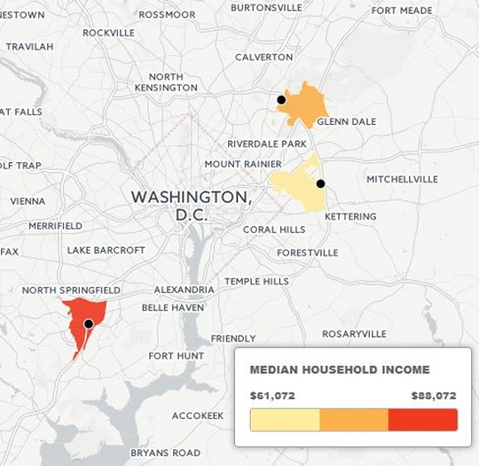 The FBI is in the process of selecting a new location for its headquaters, after deciding to leave its longtime home in Washington, D.C. The move will prove an economic boon for Springfield, Va. or one of two locations in Prince George's County -- Landover or Greenbelt -- under consideration for the FBI's new home. Which area stands to benefit the most? It could be Landover, where the median household income is 35 percent lower than region's median household income of $91,756. That's below Greenbelt (32 percent lower) and Springfield (4 percent lower). The two Maryland locations also have a significantly larger minority population than Springfield. Greenbelt is 31 percent white, Landover is 10 percent white, and Springfield is 57 percent white. The Washington metro area is 56 percent white. (Source: U.S. Census American Community Survey 2014)