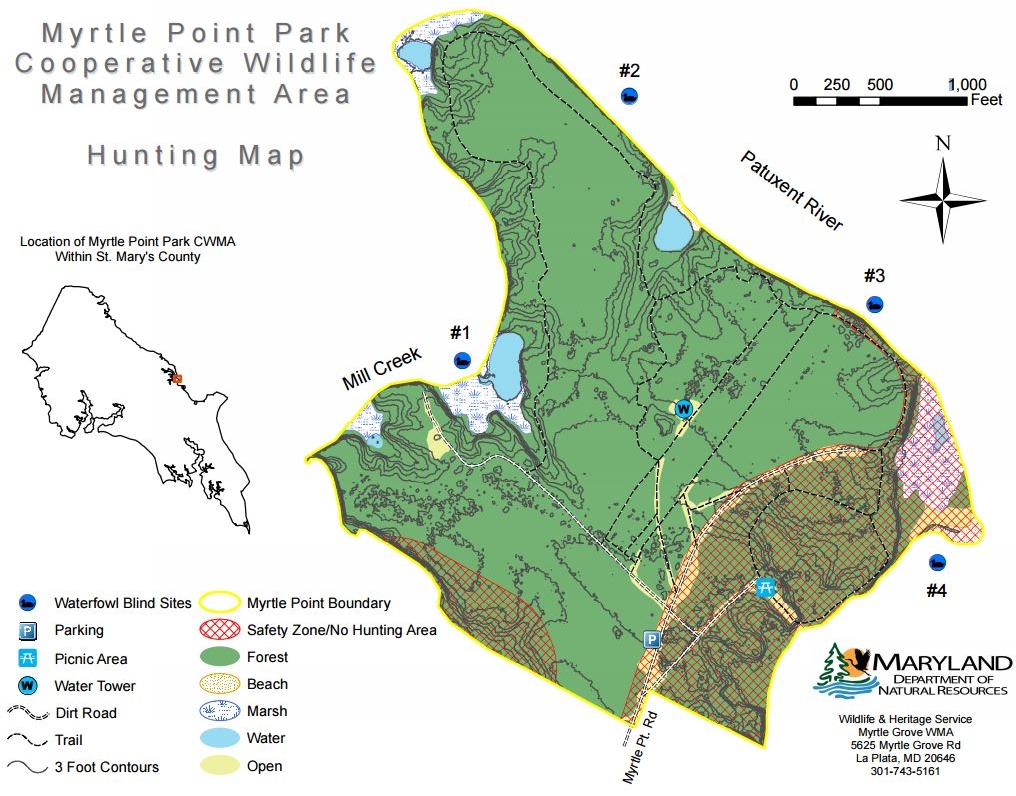 Hunting map for Myrtle Point Park in St. Mary's County.