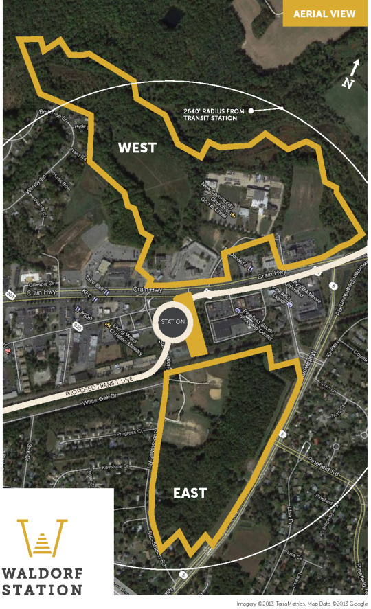 Aerial view of the proposed Waldorf Station, located near the intersection of U.S. Route 301 and Maryland Route 5.