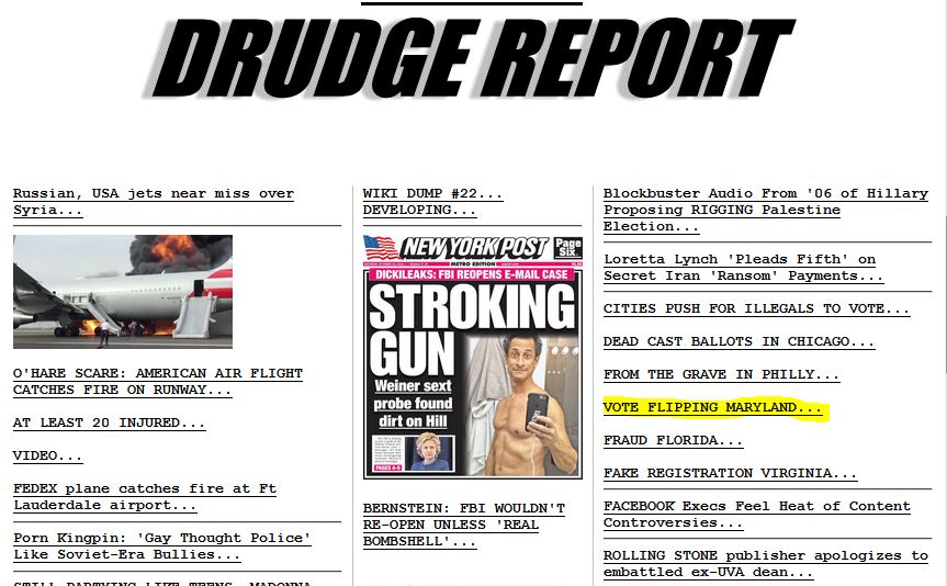 This story, which originally apopeared on infowars.com, has appeared above-the-fold on the Drudge Report since Friday.
