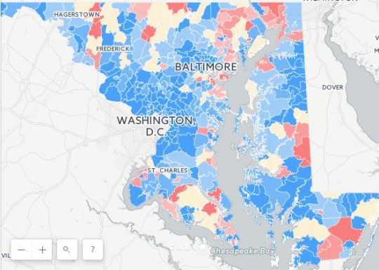 Maryland has been reliably blue in presidential elections, voting for the Republican nominee just three times in the past half-century (for Richard Nixon in 1972, Ronald Reagan in 1984, and George H.W. Bush in 1988). Support for Donald Trump has been low in the state, with Federal Election Commission data showing that 95 to 100 percent of donations in the affluent Washington, D.C. suburbs going to Hillary Clinton. The numbers shown here were calculated by summing all donations to Trump and Clinton in both the general election and the primaries, then determining the percentage that went to each candidate. Statewide, only 10 percent of donations went to Trump, but his share was significantly lower in the Washington suburbs. (Chart By Helen Lyons)