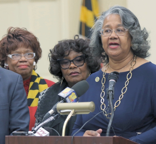 Delegate Cheryl Glenn, from District 45 and chair of the Legislative Black Caucus of Maryland, discusses the group’s priority agenda on Wednesday, Jan. 11, 2017, in Annapolis, Md. The caucus is prioritizing an ongoing lawsuit involving historically black colleges and universities, lack of diversity in the medical cannabis industry, reforming bail, affordability of prescription drugs, and ensuring that Baltimore City Public Schools are controlled by the city government, among other items. (Photo: Hannah Klarner)