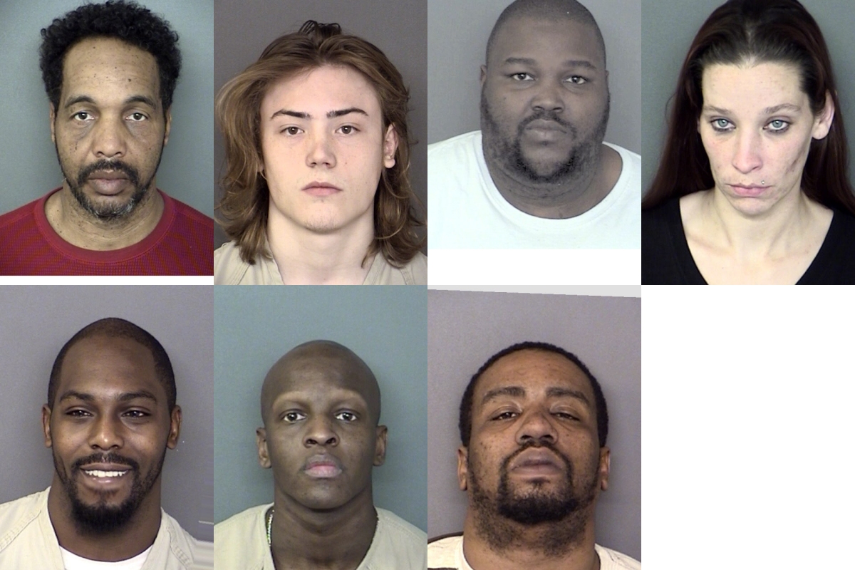 Top row: Joseph Tyrone Holton, a/k/a "Cowboy," age 54, of Leonardtown; Tyler David Guice, 19, of California; Mark Alphonse Holt, Sr., 32, of Lexington Park; Suzanna Marie Fowler, 31, of Lexington Park. Bottom row: Antwaun Marquis Somerville, 27, of Great Mills; Joseph Allen Milburn, Jr., 28 of Dameron; and Andre Jesse Brothers, 30, of California.