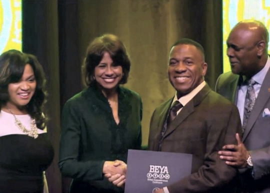 Frederick Smith, second from right, an information technology specialist at Naval Air Warfare Center Weapons Division is recognized as a Modern-Day Technology Leader during the 31st annual Black Engineer of the Year Award Conference Feb. 10 in Washington, D.C. Pictured, from left, are Dr. Pamela McCauley, professor and director of the Ergonomics Laboratory in the Department of Industrial Engineering and Management Systems at the University of Central Florida, Ann Marr, vice president of Human Resources at World Wide Technology, Smith, and Dr. Kendall Harris, Dean of the College of Engineering at Prairie View A&M University. (USN photo)