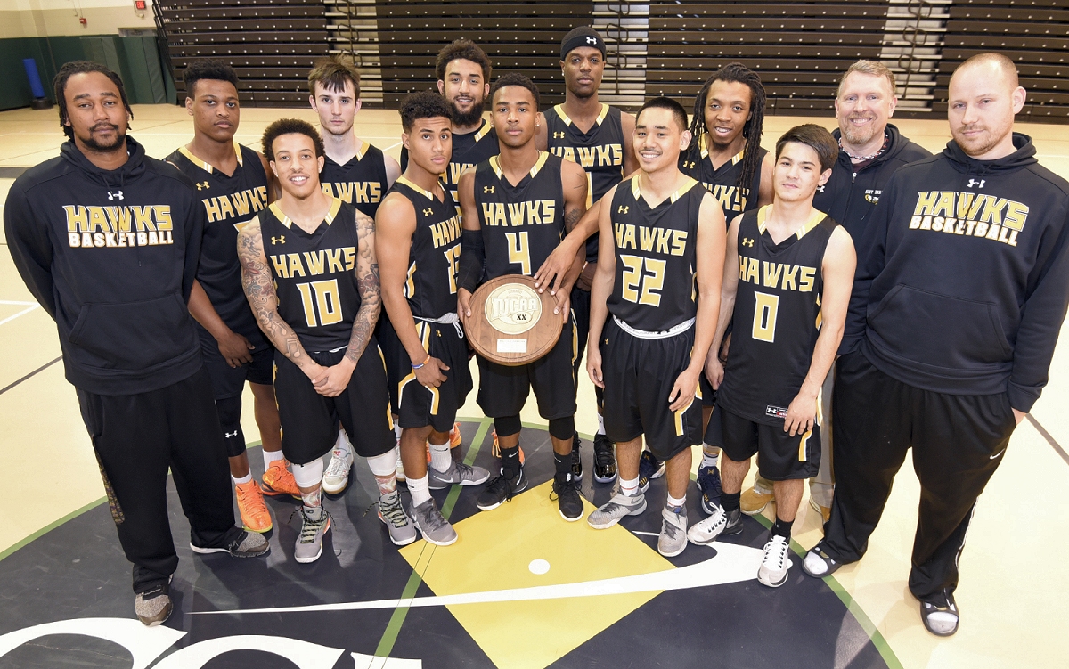 The CSM Hawks celebrate their win at the Region XX Division II Men’s Basketball Championship, held March 10-12 at Garrett College. CSM now advances to the NJCAA Division II National Championship in Illinois. (Photo: CSM)