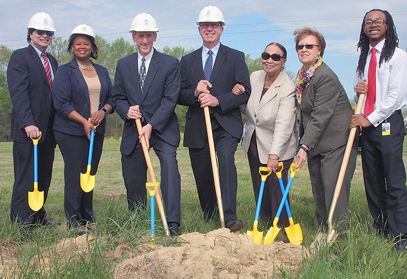 Charles County Public Schools broke ground on its 22nd elementary school in an April 20 ceremony at the school site. Billingsley Elementary School will open its door to nearly 600 students at the start of the 2018-19 school year. Several elected officials and guests joined the school system to celebrate the groundbreaking. Pictured, from left, are Charles County Commissioners Ken Robinson and Amanda Stewart, Board of Education Chairman Michael Lukas, Maryland State Sen. Thomas "Mac" Middleton, Board of Education Member Margaret Marshall, Del. Susie Proctor and Student Member of the Board of Education Da'Juon Washington. (Photo courtesy Charles County Public Schools)