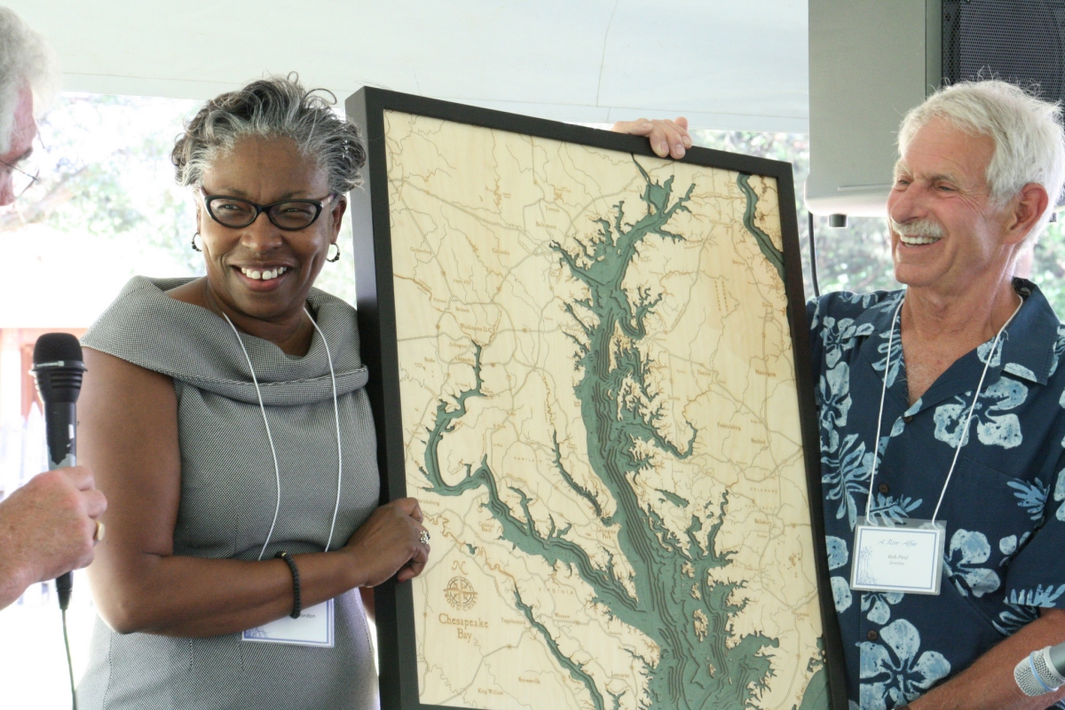 Dr. Tuajuanda C. Jordan, president, St. Mary's College, pictured with Bob Paul, founder and board member of the St.Mary's Watershed Association and retired St. Mary's College professor of biology.