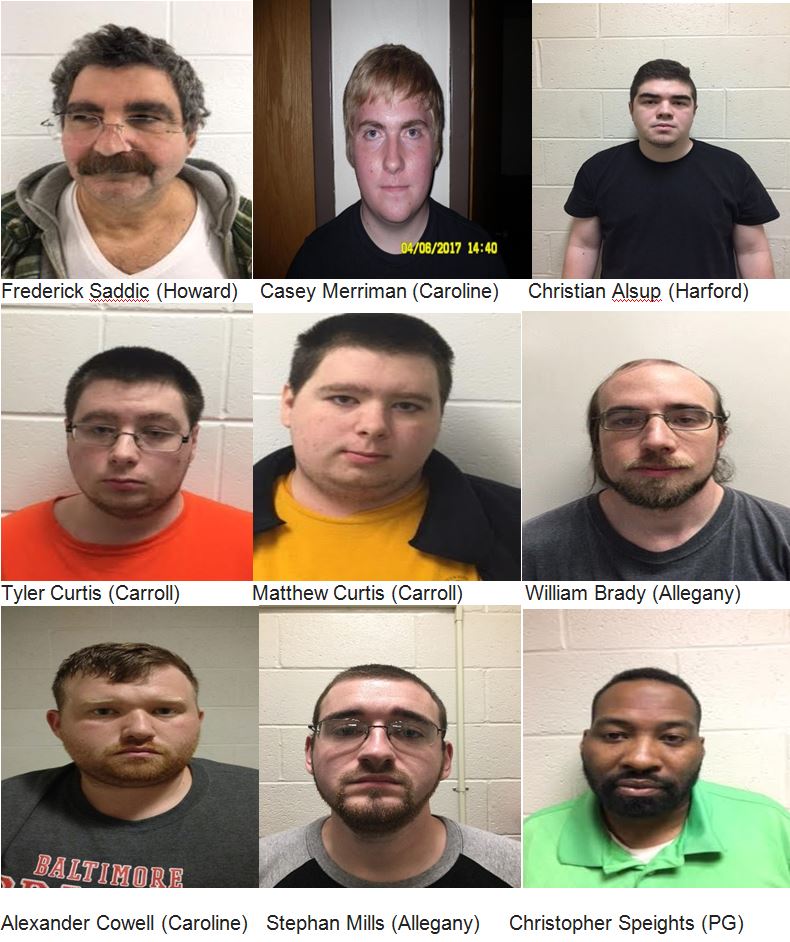 Nine individuals arrested by Maryland State Police in April and May of this year. Mugshots of the remaining two of the eleven arrested are not available.