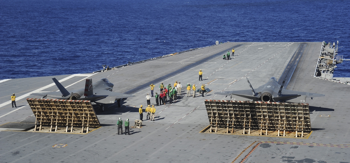 F-35C Lightning II carrier variants, assigned to the Salty Dogs of Air Test and Evaluation Squadron (VX) 23, prepare to take off from the flight deck of the aircraft carrier USS George Washington (CVN 73). (U.S. Navy photo by Mass Communication Specialist 3rd Class Alora R. Blosch)