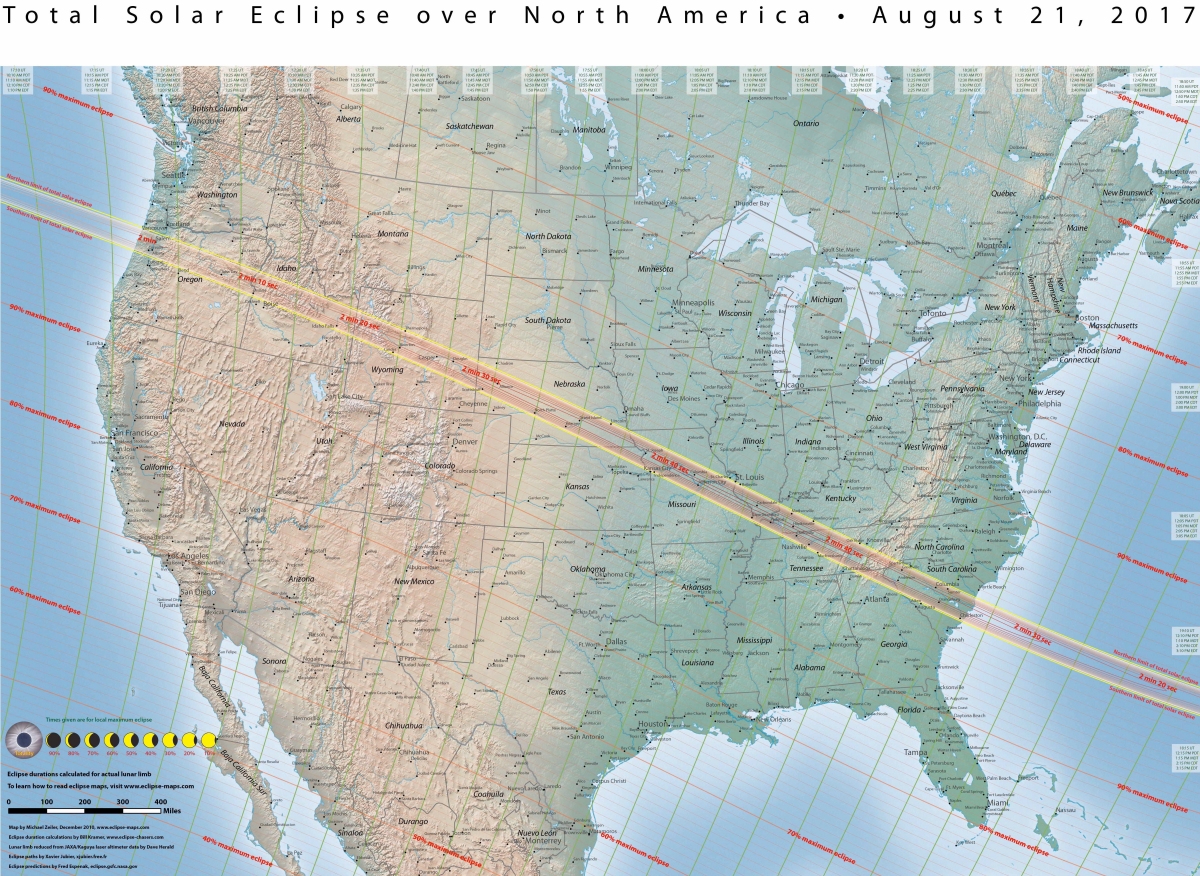 NASA map depicts the path of the eclipse across the USA. The center band represent a total eclipse, with decreasing degrees of solar obstruction in the outer bands. Southern Maryland should experience around 85% total eclipse.