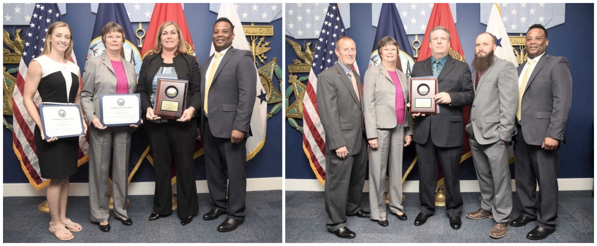 LEFT PHOTO: NAVAIR's Financial Improvement and Audit Readiness Team, led by Pizzel Keen, third from left, accepts a Team Achievement Award for Accounting and Audit, Echelon II or Above, at the Office of the Assistant Secretary of the Navy's (Financial Management &amp; Comptroller) annual awards ceremony Aug. 23 in Washington, DC.

RIGHT PHOTO: NAVAIR's Standard Procurement System Team, led by Michael Dodson, accepts a Command Award for "Best Information Technology Controls," at the Office of the Assistant Secretary of the Navy's (Financial Management and Comptroller) annual awards ceremony Aug. 23 in Washington, D.C.

(Courtesy photos)
