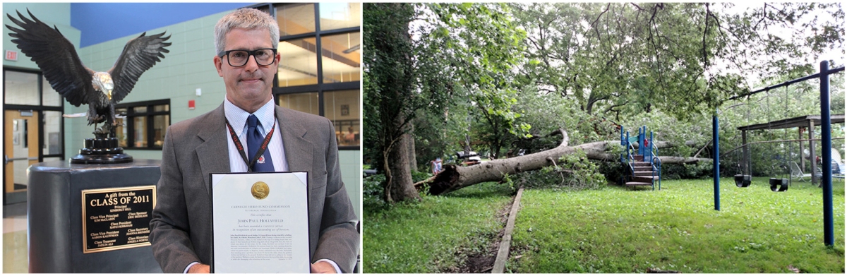 John Hollyfield, a North Point High School manufacturing teacher, was recently awarded the Carnegie Medal for saving a 6-year-old from a falling tree branch that weighed an estimated 6-10 tons. The branch of the pin oak can be seen on top of the playground equipment in the photo on the right.