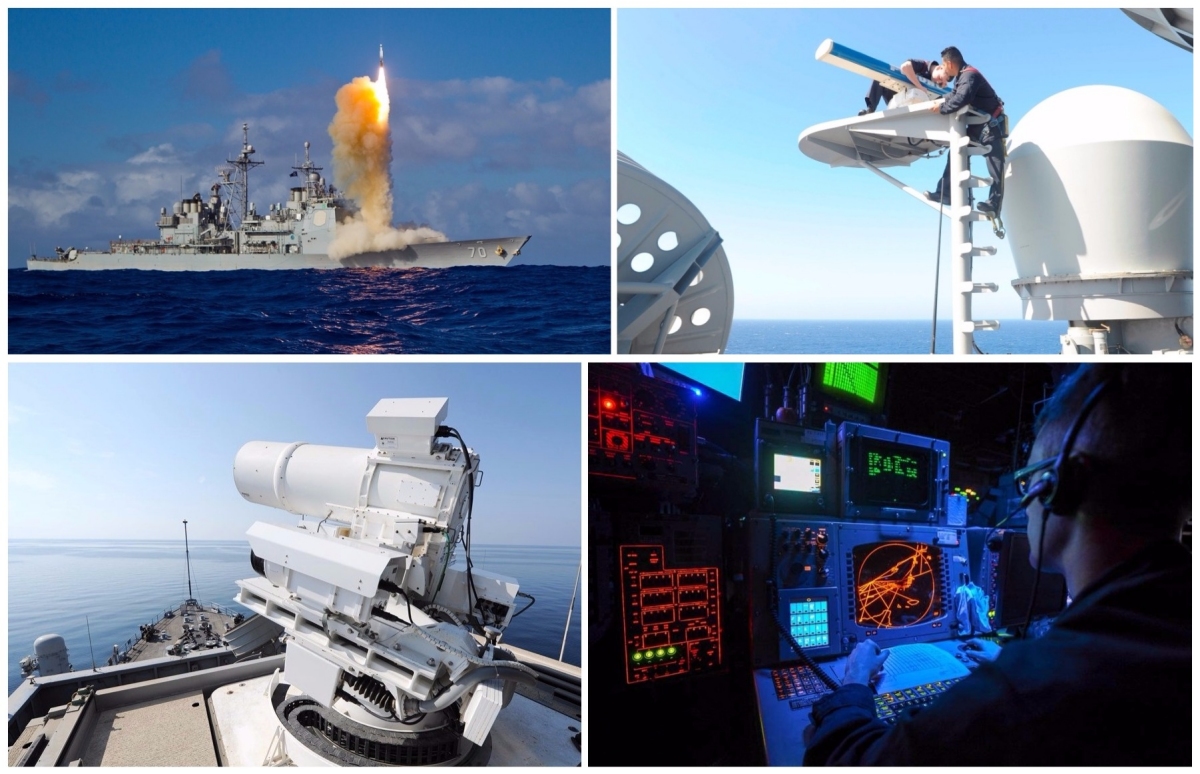 TOP LEFT: PACIFIC OCEAN - A Standard Missile-3 (SM-3) Block 1B interceptor missile is launched from the guided-missile cruiser USS Lake Erie (CG 70) to intercept a target missile during a test in the mid-Pacific. Lake Erie detected and tracked the target with its onboard AN/SPY-1 radar. (U.S. Navy photo/Released)

TOP RIGHT: PACIFIC OCEAN - Electronics Technician 2nd Class Andrew Wilson (left) and Electronics Technician 1st Class Josue Delgado perform maintenance on a Furuno commercial navigation radar aboard amphibious assault ship USS Boxer (LHD 4). (U. S. Navy photo by Mass Communication Specialist 2nd Class Jose Jaen/Released)

BOTTOM LEFT: ARABIAN GULF - The Afloat Forward Staging Base (Interim) USS Ponce (ASB(I) 15) conducts an operational demonstration of the Laser Weapon System while deployed to the Arabian Gulf. The Laser Weapon System, developed by the Naval Surface Warfare Center Dahlgren Division (NSWCDD), is among the directed energy technologies entering the field of electromagnetic maneuver warfare. (U.S. Navy photo by John F. Williams/Released)

BOTTOM RIGHT: U.S. 5TH FLEET AREA OF RESPONSIBILITY - Operations Specialist 2nd Class Alex Moore monitors radars to identify aircraft in the Combat Information Center aboard the multipurpose amphibious assault ship USS Bataan (LHD 5). The Navy is refocusing efforts to develop and deploy new technologies impacting electromagnetic maneuver warfare, including radar, for integration in the Fleet and its carrier strike groups, the Naval Surface Warfare Center Dahlgren Division announced, Nov. 1, 2017. (U.S. Navy photo by Mass Communication Specialist 3rd Class Chase Hawley/Released)