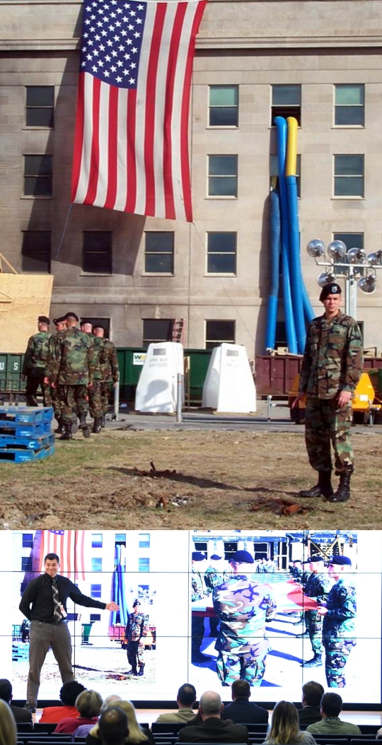 TOP: Army soldier Anthony Rico, right, at the Pentagon in the aftermath of Sept. 11, 2001, terror attacks.

BOTTOM: Anthony Rico, Lead Logistics Analyst for the Precision Guided Weapons section of the Battle Management System at NSWC Dahlgren Division, delivers remarks during NAVSEA's National Disability Employment Awareness Month event sponsored by the NAVSEA Individuals with Disabilities Employee Resource Group on Oct. 24 in the Humphreys Building auditorium at the Washington Navy Yard.