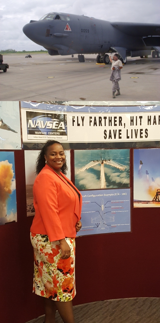 TOP: Air Force Master Sergeant Stephanie Hueston poses with a B-52 aircraft in British Indian Ocean Territory after finishing mission paperwork for the aircraft's departure in 2009.

BOTTOM: Stephanie Hueston is now a Joint Strike Fighter Integrated Product Team Deputy, Logistics Management Specialist, at NSWC Indian Head EOD Technology Division.