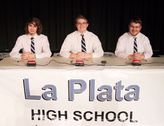 La Plata High School's It's Academic team earned the top spot in the annual Charles County Public Schools competition held Dec. 6 at the school. This is the fifth consecutive year the team from La Plata has taken first place at the Charles County competition. The La Plata three-member team of co-captains Michael Gill, center, and James Hume, right, and Trevor Jansen, left, won in the championship round with a score of 260 points against North Point and Thomas Stone high schools. The La Plata team will compete against Churchill and Northwest high schools that will air March 24 on NBC4.