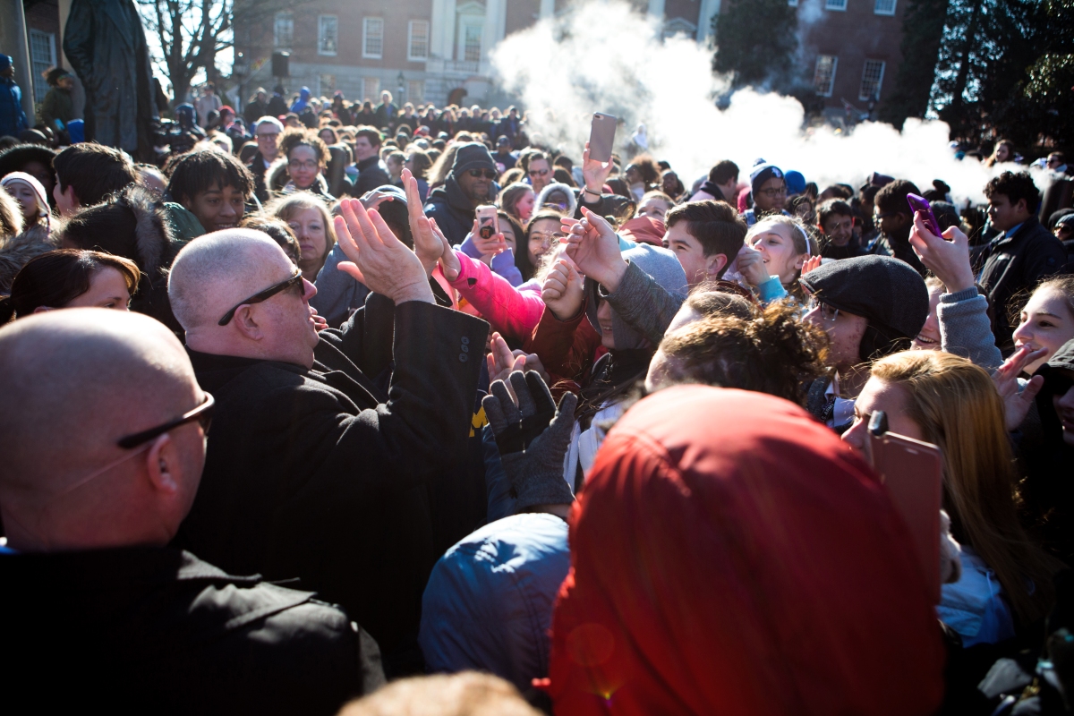 Gov. Larry Hogan high-fives students at a nonpublic school advocacy rally in Annapolis on Tuesday, March 13, 2018. Opponents of Gov. Hogan's nonpublic school funding argue that public funds should be used for public schools. (Photo: Aaron Rosa)