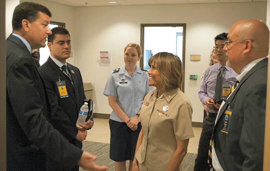 KING GEORGE, Va. (Aug. 29, 2018) --- James Smerchansky, Dr. Luis Rodriguez, Air Force Maj. Amanda Clark, Navy Vice Adm. Raquel Bono, Ray Cho, and John Fiore, left to right, discuss diversity at the first Leadership in a Diverse Environment Conference hosted by Naval Surface Warfare Center Dahlgren Division(NSWCDD). Smerchansky - Naval Sea Systems Command (NAVSEA) executive director - spoke to participants about diversity and inclusion. Bono - director of the Defense Health Agency - briefed on how to "Lead Where You Are to Inspire, Engage, and Innovate". Fiore - NSWCDD technical director - kicked off the two-day event with his opening remarks, and joined NSWCDD Commanding Officer Capt. Godfrey 'Gus' Weekes to encourage participants on the second day with a talk called "Extend the Challenge". The conference featured a wide spectrum of presentations and discussion panels focusing on the challenges and opportunities facing today's leadership. (U.S. Navy photo by Matt Ketner/Released)