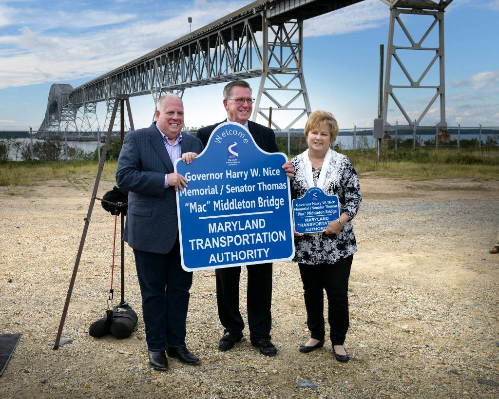 Governor Larry Hogan and Senator Thomas "Mac" Middleton at the base of the Nice Bridge for the dedication ceremony on Saturday. (Photo: Tom Nappi (CC BY 2.0))