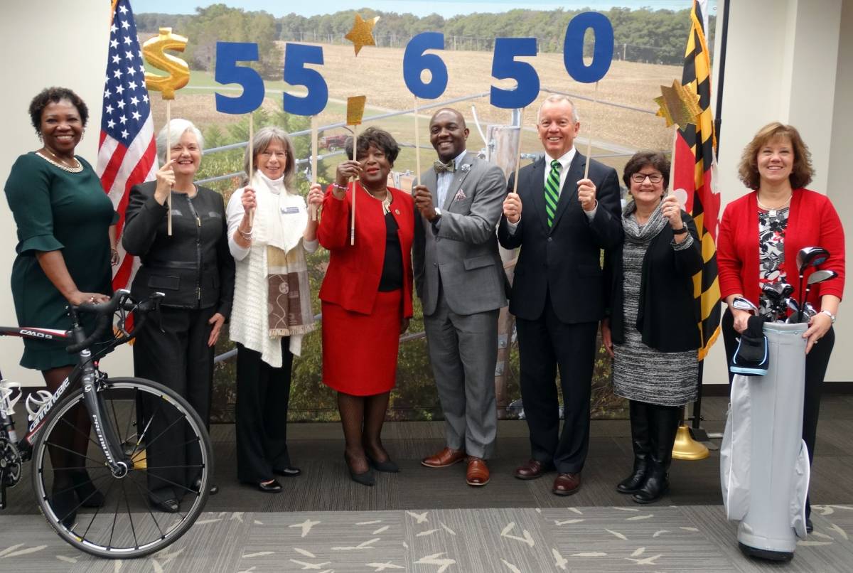 SMECO's employees raised $55,650 for hospice organizations in Southern Maryland by hosting a bike ride in June and a golf outing in October. Pictured from left are Natalie Cotton, SMECO's community and public affairs director; Claire Piason, Director of Development, Calvert Hospice; Jean Fleming, Executive Director of Calvert Hospice; Edith Patterson, state delegate and board member of Hospice of Charles County; Brandon Jones, CEO of Hospice of Charles County; Austin J. Slater, Jr., SMECO president and CEO; Mary Ann Stamm, president of the board of Hospice of St. Mary's; and Denise Chalmers, senior buyer at SMECO.