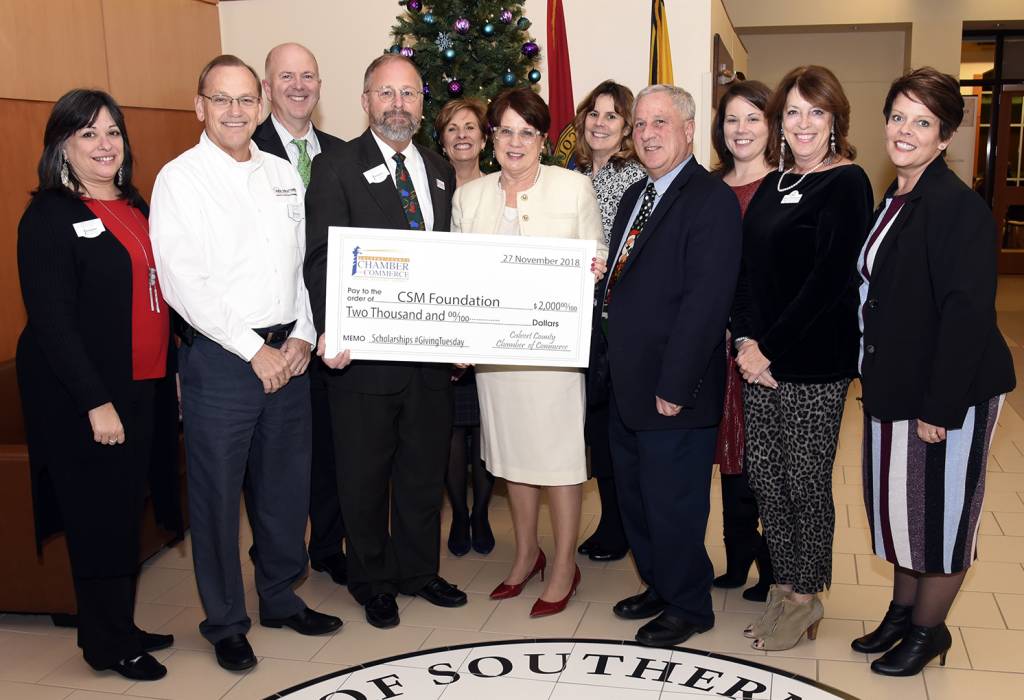 Pictured from left during the check presentation are Chamber Member Renee Seiden, with Chesapeake Beach Resort & Spa; Chamber Chairman Frank Smith, with Idea Solutions; CSM Vice President of Operations Bill Comey; Chamber President Bob Carpenter; CSM VP of Advocacy and Community Engagement Michelle Goodwin; CSM President Dr. Maureen Murphy; CSM Foundation Director Lisa Oliver; CSM Trustee Chair Ted Harwood; CSM Director of Development Chelsea Brown; CSM Foundation Chair Nancy Hempstead and Lead Executive Assistant of Advancement Toni Kruszka.