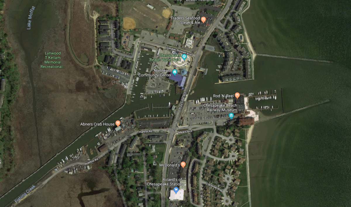 Fishing Creek runs through the town of Chesapeake Beach into the Chesapeake Bay. Source: Google Maps: https://goo.gl/maps/JDS4YqB61R62