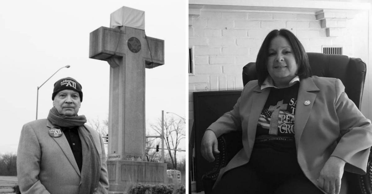 Left Photo: Steven Lowe stands near the Bladensburg Peace Cross, which he says violates the Constitution's prohibition against government support for religion.

Right Photo: Renee Green, a documentary film maker from Annapolis, contends the Bladensburg Peace Cross is understood by the community to be a memorial to World War I dead, not a religious symbol. (Photos: Eugene "Jesse" Nash IV)