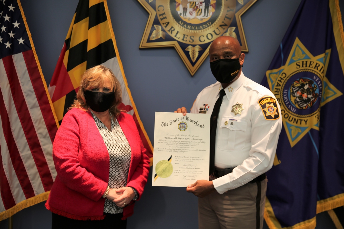 Sheriff Berry is sworn in by Sharon L. "Sherri" Hancock, Clerk of the Circuit Court of Charles County. (Photo: Charles County Sheriff's Office)