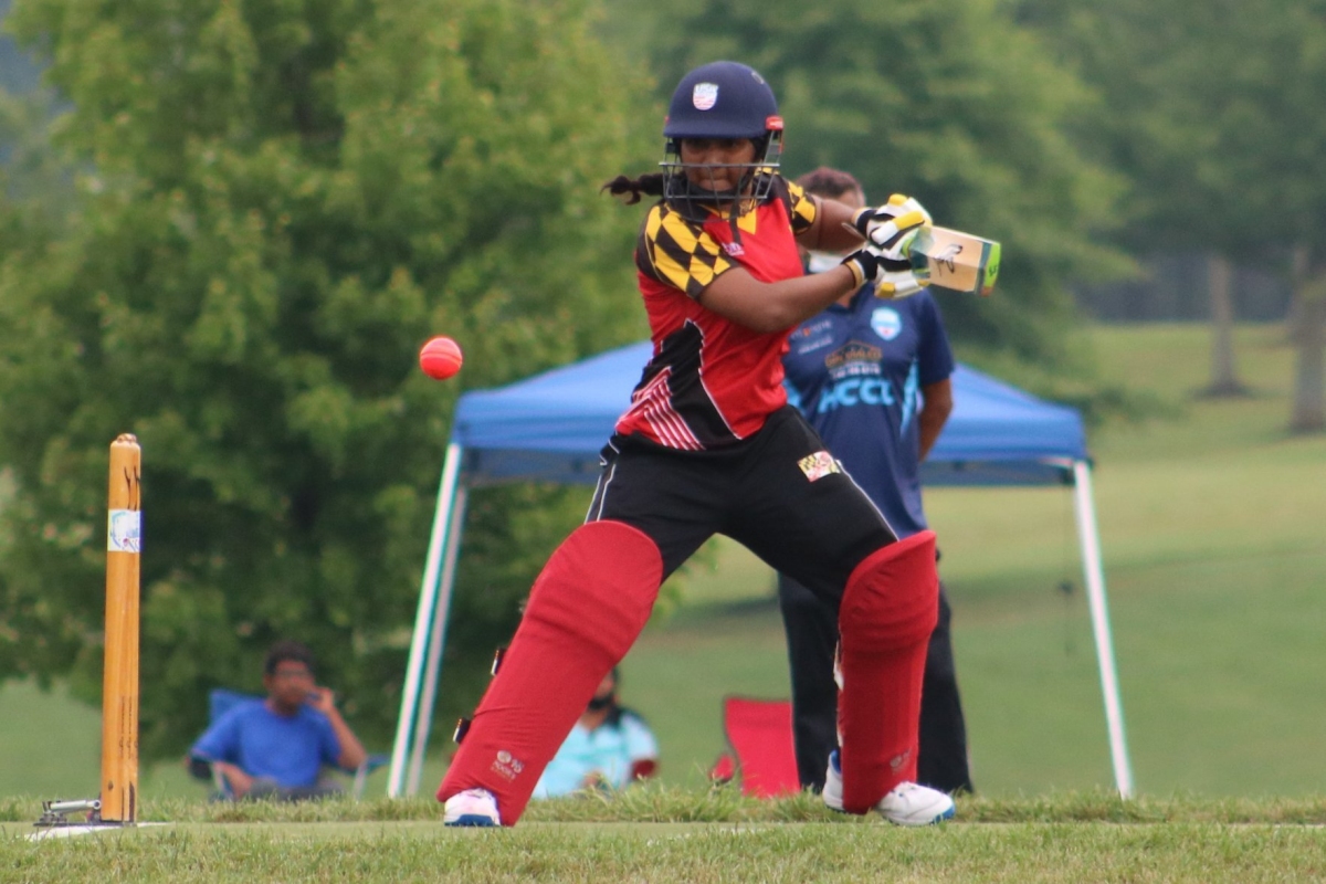 Lisa Ramjit plays a shot for Maryland in the national women’s cricket league tournament in 2020. (Courtesy of Sham Chotoo)
