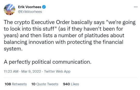 Erik Voorhees, a pioneer in the cryptocurrency space, states his opinion on Twitter about Biden's recent executive order regarding cryptocurrency.
